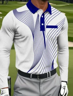 Best OUKU Men's Geometric Golf Polo Sports Polo Shirts Long Sleeve Polo Shirts Collared Shirts Sportswear Business Casual Athleisure Daily Wear Pocket 3D Print Buttons Spring Fall Black Red Blue