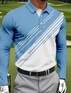 OUKU Men's Geometric Golf Polo Long Sleeve Polo Shirts Collared Shirts Sportswear Business Casual Athleisure Daily Wear Pocket 3D Print Buttons Spring Fall Black Red Navy Blue