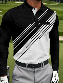 OUKU Men's Geometric Golf Polo Long Sleeve Polo Shirts Collared Shirts Sportswear Business Casual Athleisure Daily Wear Pocket 3D Print Buttons Spring Fall Black Red Navy Blue