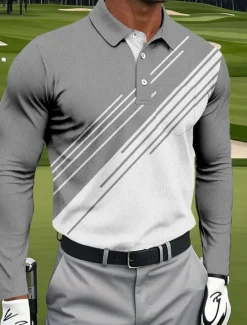 OUKU Men's Geometric Golf Polo Long Sleeve Polo Shirts Collared Shirts Sportswear Business Casual Athleisure Daily Wear Pocket 3D Print Buttons Spring Fall Black Red Navy Blue