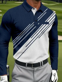 OUKU Men's Geometric Golf Polo Long Sleeve Polo Shirts Collared Shirts Sportswear Business Casual Athleisure Daily Wear Pocket 3D Print Buttons Spring Fall Black Red Navy Blue