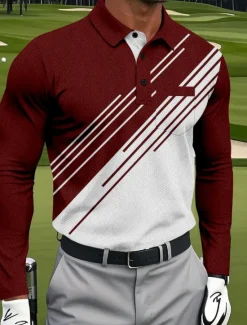 OUKU Men's Geometric Golf Polo Long Sleeve Polo Shirts Collared Shirts Sportswear Business Casual Athleisure Daily Wear Pocket 3D Print Buttons Spring Fall Black Red Navy Blue