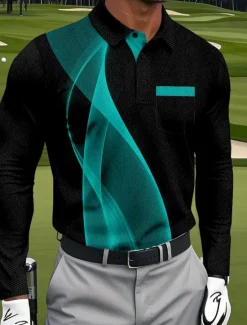 Hot OUKU Men's Geometric Golf Polo Sports Polo Shirts Long Sleeve Polo Shirts Collared Shirts Sportswear Business Casual Athleisure Daily Wear Pocket 3D Print Buttons Spring Fall White Red Blue