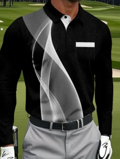 Hot OUKU Men's Geometric Golf Polo Sports Polo Shirts Long Sleeve Polo Shirts Collared Shirts Sportswear Business Casual Athleisure Daily Wear Pocket 3D Print Buttons Spring Fall White Red Blue