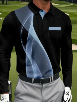 Hot OUKU Men's Geometric Golf Polo Sports Polo Shirts Long Sleeve Polo Shirts Collared Shirts Sportswear Business Casual Athleisure Daily Wear Pocket 3D Print Buttons Spring Fall White Red Blue