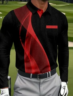 Hot OUKU Men's Geometric Golf Polo Sports Polo Shirts Long Sleeve Polo Shirts Collared Shirts Sportswear Business Casual Athleisure Daily Wear Pocket 3D Print Buttons Spring Fall White Red Blue