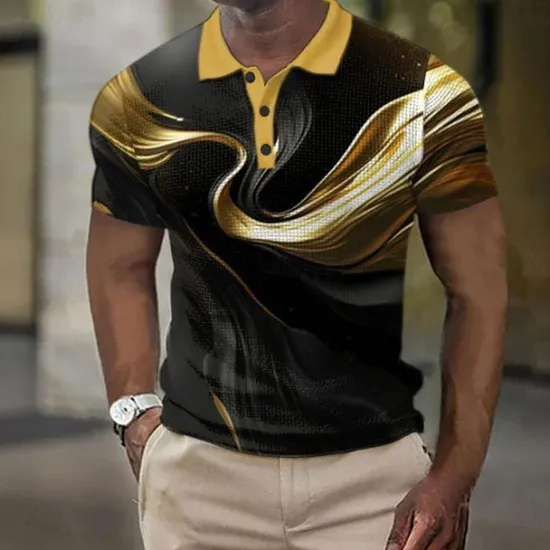 Online OUKU Men's Geometric Golf Shirt Short Sleeve Polo Shirts Collared Shirts Business Casual Vacation Wear Formal Wear Festival Wear Buttons 3D Print Summer Spring Yellow Green Gray