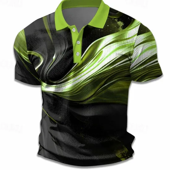 Online OUKU Men's Geometric Golf Shirt Short Sleeve Polo Shirts Collared Shirts Business Casual Vacation Wear Formal Wear Festival Wear Buttons 3D Print Summer Spring Yellow Green Gray