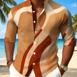 Outlet OUKU Men's Geometric Gradient Color Shirt Button Up Shirt Stand Collar Shirt Long Sleeve Casual Outdoor Vacation Daily Spring Fall Mandarin Collar Band Collar 3D Print Linen Like Shirt Pink Blue Orange