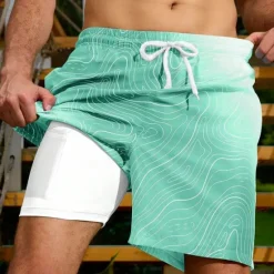 Sale OUKU Men's Geometric Gradient Color Lined Shorts 2 in 1 Board Shorts Swim Shorts Mid Waist Hawaiian Vacation Holiday Beach Wear Side Pockets With Compression Liner Elastic Drawstring Waist Designer