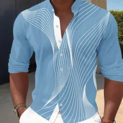 Online OUKU Men's Geometric Gradient Line Shirt Button Up Shirt Stand Collar Shirt Long Sleeve Casual Outdoor Vacation Daily Spring Fall Mandarin Collar Band Collar 3D Print Linen Like Shirt Blue Black-Red