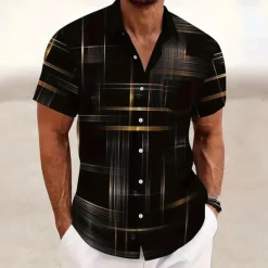 Outlet OUKU Men's Geometric Gradient Line Shirt Summer Shirt Button Up Shirt Short Sleeve Fashion Casual Outdoor Vacation Dailywear Summer Spring Turndown 3D Print Collared Shirts Front One Pocket Black Khaki