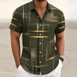 Outlet OUKU Men's Geometric Gradient Line Shirt Summer Shirt Button Up Shirt Short Sleeve Fashion Casual Outdoor Vacation Dailywear Summer Spring Turndown 3D Print Collared Shirts Front One Pocket Black Khaki