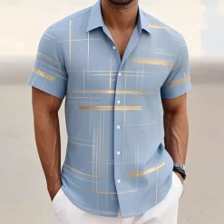 Outlet OUKU Men's Geometric Gradient Line Shirt Summer Shirt Button Up Shirt Short Sleeve Fashion Casual Outdoor Vacation Dailywear Summer Spring Turndown 3D Print Collared Shirts Front One Pocket Black Khaki