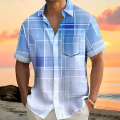 Clearance OUKU Men's Geometric Gradient Line Shirt Summer Shirt Button Up Shirt Short Sleeve Fashion Casual Outdoor Vacation Dailywear Summer Spring Turndown 3D Print Collared Shirts Front One Pocket Red Blue