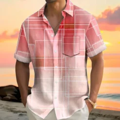 Clearance OUKU Men's Geometric Gradient Line Shirt Summer Shirt Button Up Shirt Short Sleeve Fashion Casual Outdoor Vacation Dailywear Summer Spring Turndown 3D Print Collared Shirts Front One Pocket Red Blue