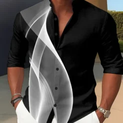 New OUKU Men's Geometric Gradient Line Shirt Stand Collar Shirt Casual Dress Shirt Long Sleeve Business Casual Vacation Home Daily Summer Spring Mandarin Collar Band Collar 3D Print Button Up Shirts Black