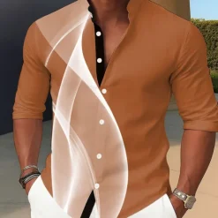 New OUKU Men's Geometric Gradient Line Shirt Stand Collar Shirt Casual Dress Shirt Long Sleeve Business Casual Vacation Home Daily Summer Spring Mandarin Collar Band Collar 3D Print Button Up Shirts Black