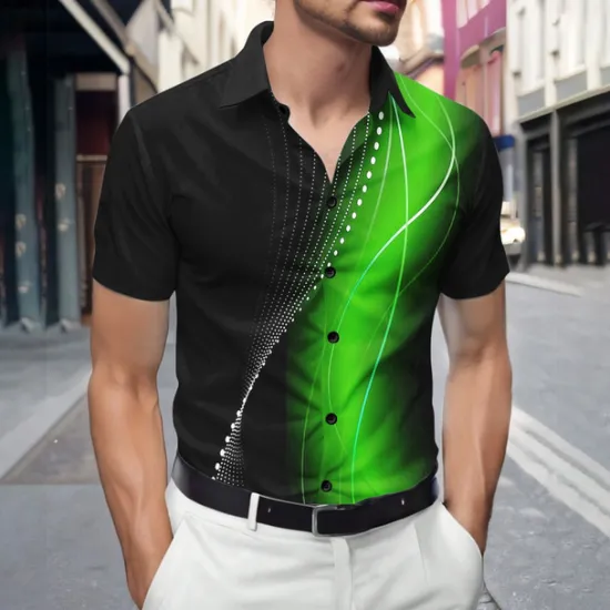 Outlet OUKU Men's Geometric Gradient Waves Shirt Summer Shirt Button Up Shirt Short Sleeve Fashion Casual Outdoor Vacation Dailywear Summer Spring Turndown 3D Print Collared Shirts Red Blue Green Gray