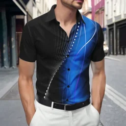 Outlet OUKU Men's Geometric Gradient Waves Shirt Summer Shirt Button Up Shirt Short Sleeve Fashion Casual Outdoor Vacation Dailywear Summer Spring Turndown 3D Print Collared Shirts Red Blue Green Gray