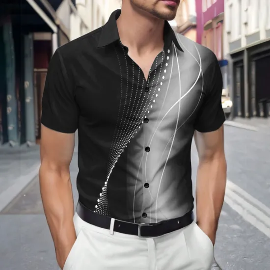 Outlet OUKU Men's Geometric Gradient Waves Shirt Summer Shirt Button Up Shirt Short Sleeve Fashion Casual Outdoor Vacation Dailywear Summer Spring Turndown 3D Print Collared Shirts Red Blue Green Gray