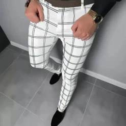 Best OUKU Men's Geometric Grid / Plaid Dress Pants Trousers Suit Pants Mid Waist Business Casual Formal Dailywear Slim Fit Pants with Pockets Spring Fall 3D Print Black White