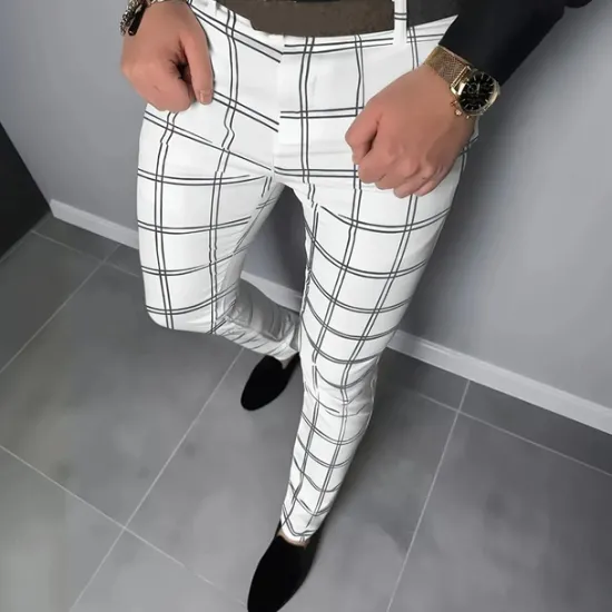 Best OUKU Men's Geometric Grid / Plaid Dress Pants Trousers Suit Pants Mid Waist Business Casual Formal Dailywear Slim Fit Pants with Pockets Spring Fall 3D Print Black White