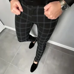 Best OUKU Men's Geometric Grid / Plaid Dress Pants Trousers Suit Pants Mid Waist Business Casual Formal Dailywear Slim Fit Pants with Pockets Spring Fall 3D Print Black White
