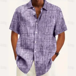 Outlet OUKU Men's Geometric Grid / Plaid Shirt Casual Shirt Button Up Shirt Short Sleeve Fashion Casual Vacation Holiday Streetwear Summer Turndown 3D Print Front One Pocket Linen Like Shirt Pink Blue Purple