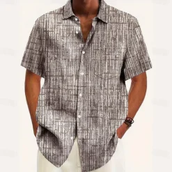 Outlet OUKU Men's Geometric Grid / Plaid Shirt Casual Shirt Button Up Shirt Short Sleeve Fashion Casual Vacation Holiday Streetwear Summer Turndown 3D Print Front One Pocket Linen Like Shirt Pink Blue Purple
