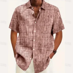 Outlet OUKU Men's Geometric Grid / Plaid Shirt Casual Shirt Button Up Shirt Short Sleeve Fashion Casual Vacation Holiday Streetwear Summer Turndown 3D Print Front One Pocket Linen Like Shirt Pink Blue Purple