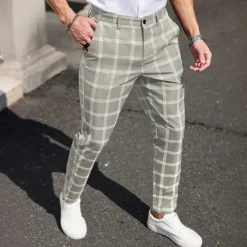 Outlet OUKU Men's Geometric Grid / Plaid Dress Pants Trousers Suit Pants Mid Waist Business Casual Formal Dailywear Slim Fit Pants with Pockets Spring Fall 3D Print Black Dark Blue Dark Gray