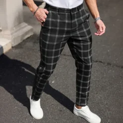 Outlet OUKU Men's Geometric Grid / Plaid Dress Pants Trousers Suit Pants Mid Waist Business Casual Formal Dailywear Slim Fit Pants with Pockets Spring Fall 3D Print Black Dark Blue Dark Gray
