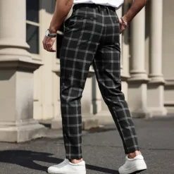 Outlet OUKU Men's Geometric Grid / Plaid Dress Pants Trousers Suit Pants Mid Waist Business Casual Formal Dailywear Slim Fit Pants with Pockets Spring Fall 3D Print Black Dark Blue Dark Gray