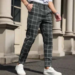 Outlet OUKU Men's Geometric Grid / Plaid Dress Pants Trousers Suit Pants Mid Waist Business Casual Formal Dailywear Slim Fit Pants with Pockets Spring Fall 3D Print Black Dark Blue Dark Gray