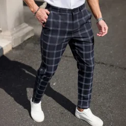 Outlet OUKU Men's Geometric Grid / Plaid Dress Pants Trousers Suit Pants Mid Waist Business Casual Formal Dailywear Slim Fit Pants with Pockets Spring Fall 3D Print Black Dark Blue Dark Gray