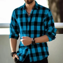 Discount OUKU Men's Geometric Grid / Plaid Shirt Button Up Shirt Casual Dress Shirt Long Sleeve Fashion Casual Office Dailywear Spring Fall Turndown 3D Print Linen Like Shirt Black Red Navy Blue Blue