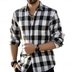 Discount OUKU Men's Geometric Grid / Plaid Shirt Button Up Shirt Casual Dress Shirt Long Sleeve Fashion Casual Office Dailywear Spring Fall Turndown 3D Print Linen Like Shirt Black Red Navy Blue Blue