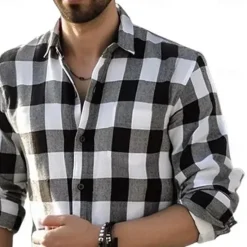Discount OUKU Men's Geometric Grid / Plaid Shirt Button Up Shirt Casual Dress Shirt Long Sleeve Fashion Casual Office Dailywear Spring Fall Turndown 3D Print Linen Like Shirt Black Red Navy Blue Blue