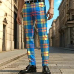 Sale OUKU Men's Geometric Grid / Plaid Dress Pants Trousers Casual Pants Mid Waist Casual Formal Vacation Daily Summer Spring Fall 3D Print Blue Dark Green Green