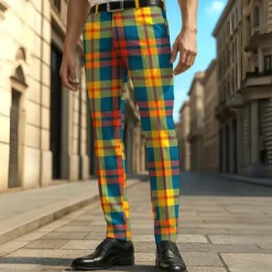 Sale OUKU Men's Geometric Grid / Plaid Dress Pants Trousers Casual Pants Mid Waist Casual Formal Vacation Daily Summer Spring Fall 3D Print Blue Dark Green Green