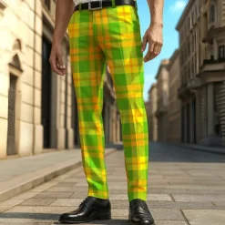 Sale OUKU Men's Geometric Grid / Plaid Dress Pants Trousers Casual Pants Mid Waist Casual Formal Vacation Daily Summer Spring Fall 3D Print Blue Dark Green Green