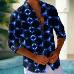 Clearance OUKU Men's Geometric Grid / Plaid Neon Glow Shirt Button Up Shirt Casual Dress Shirt Long Sleeve Fashion Casual Vacation Daily Streetwear Summer Spring Turndown 3D Print Collared Shirts Red Blue Purple