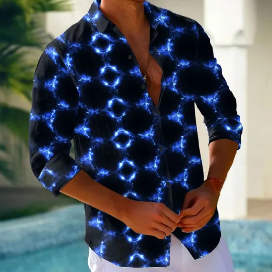 Clearance OUKU Men's Geometric Grid / Plaid Neon Glow Shirt Button Up Shirt Casual Dress Shirt Long Sleeve Fashion Casual Vacation Daily Streetwear Summer Spring Turndown 3D Print Collared Shirts Red Blue Purple