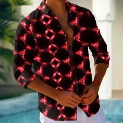 Clearance OUKU Men's Geometric Grid / Plaid Neon Glow Shirt Button Up Shirt Casual Dress Shirt Long Sleeve Fashion Casual Vacation Daily Streetwear Summer Spring Turndown 3D Print Collared Shirts Red Blue Purple