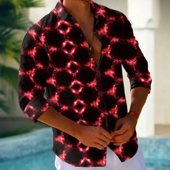Clearance OUKU Men's Geometric Grid / Plaid Neon Glow Shirt Button Up Shirt Casual Dress Shirt Long Sleeve Fashion Casual Vacation Daily Streetwear Summer Spring Turndown 3D Print Collared Shirts Red Blue Purple