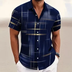 Online OUKU Men's Geometric Grid / Plaid Shirt Button Up Shirt Short Sleeve Fashion Casual Outdoor Vacation Streetwear Summer Spring Turndown 3D Print Collared Shirts Black Pink Army Green Blue Green