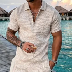 OUKU Men's Geometric Hawaiian Polo Shirts Golf Shirt Short Sleeve Polo Shirts Collared Shirts Casual Beach Wear Vacation Wear Party Outfits 3D Print Quarter Zip Polo White gray Black Light Green