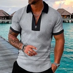 OUKU Men's Geometric Hawaiian Polo Shirts Golf Shirt Short Sleeve Polo Shirts Collared Shirts Casual Beach Wear Vacation Wear Party Outfits 3D Print Quarter Zip Polo White gray Black Light Green