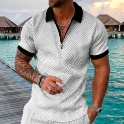 OUKU Men's Geometric Hawaiian Polo Shirts Golf Shirt Short Sleeve Polo Shirts Collared Shirts Casual Beach Wear Vacation Wear Party Outfits 3D Print Quarter Zip Polo White gray Black Light Green